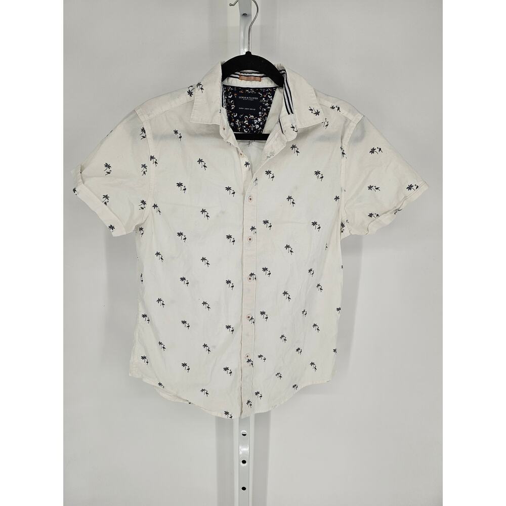 Denim & Flowers Mens Sz M Short Sleeve Button Up Shirt White Palm Tree Print